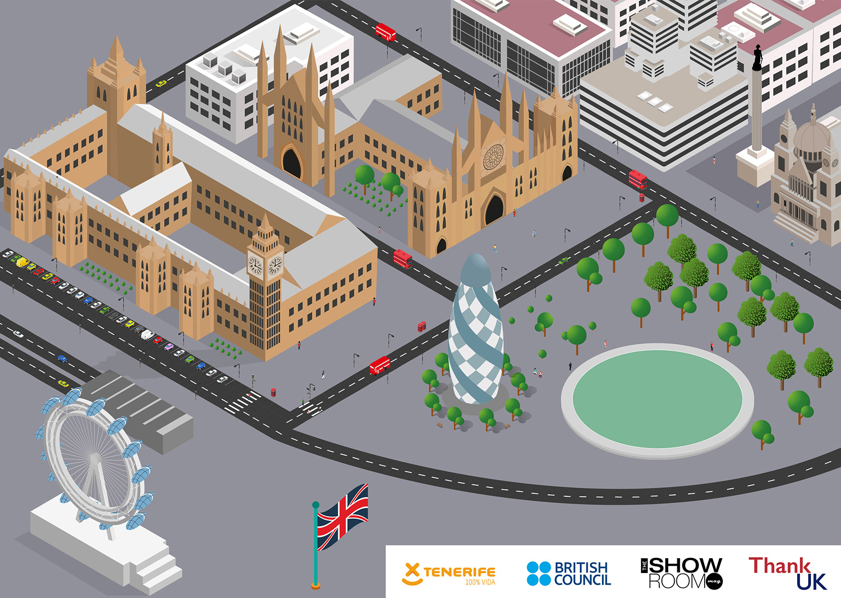 ThankUK isometric illustration of Santa Cruz transformed into London